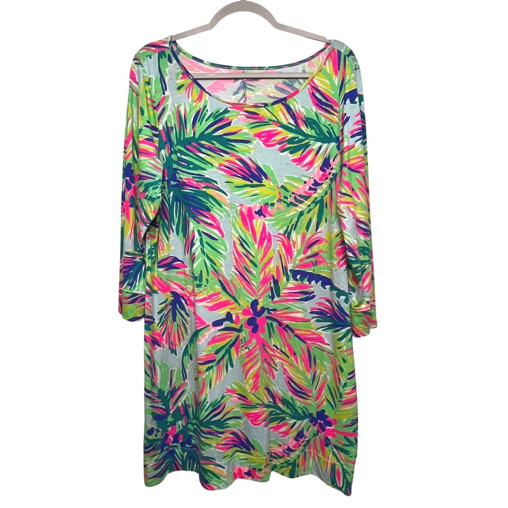 Lilly Pulitzer Marlowe Dress XL Pima Cotton Tropical Palm Print Neon Pink Green